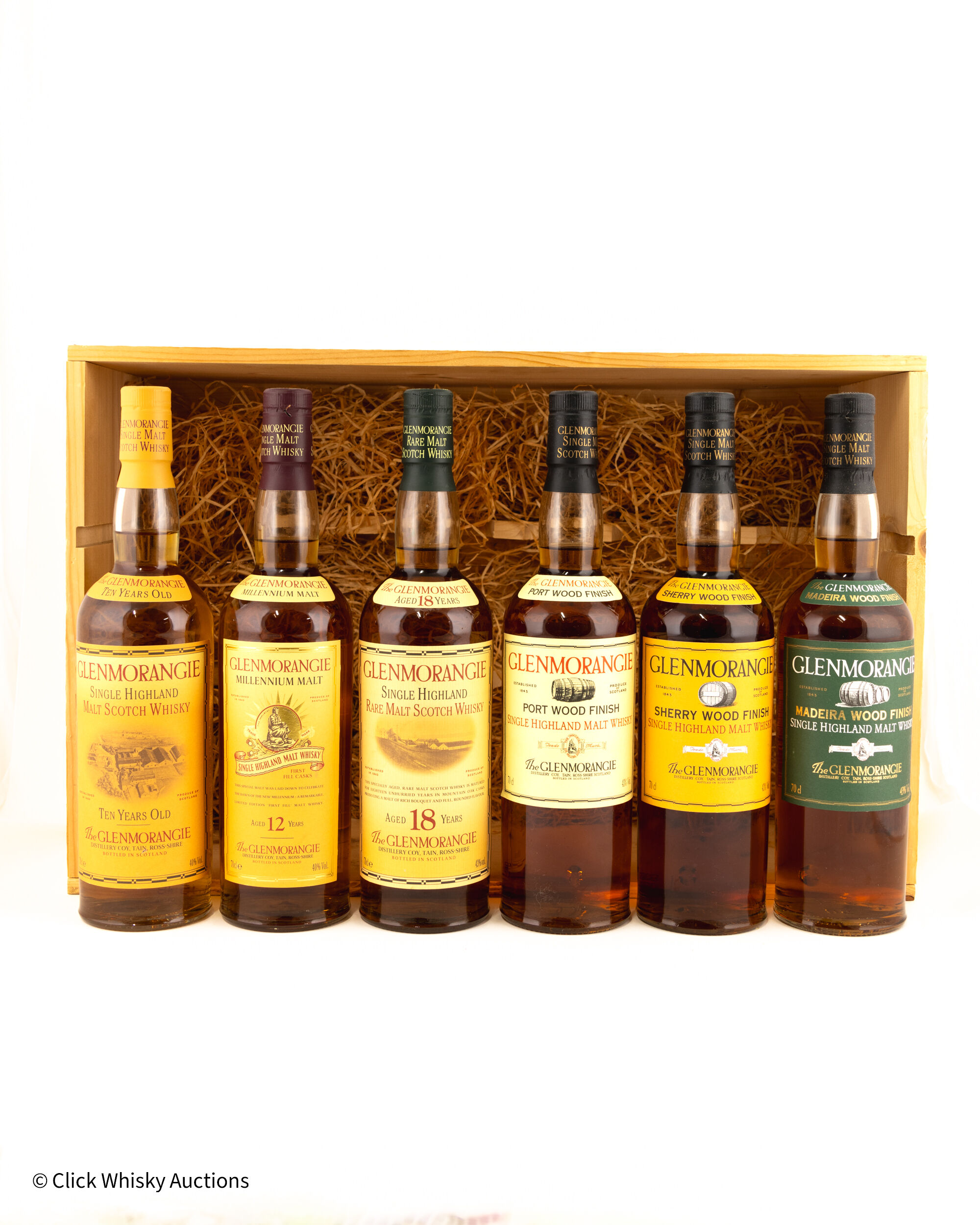 Glenmorangie 10 Years Old, 18 Years Old, Millennium Malt & Wood finishes/ Wooden Crate 70cl x 6 * LOCAL COLLECTION ONLY*